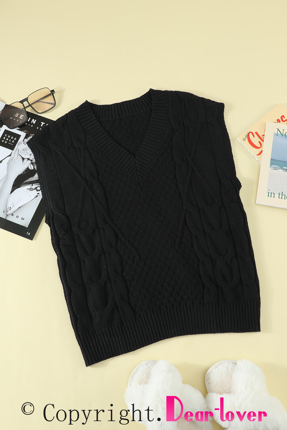 Black V-Neck Twist Knitted Vest Sweater Sweaters & Cardigans JT's Designer Fashion