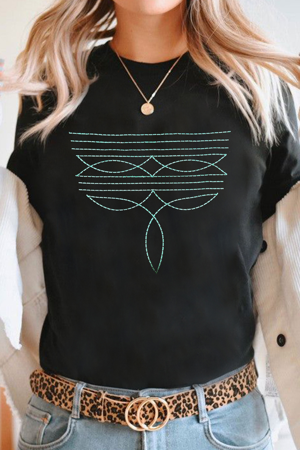Black Western Fashion Geometric Embroidered T Shirt Graphic Tees JT's Designer Fashion