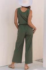 Vineyard Green Buttoned Drawstring Waist Sleeveless Wide Leg Jumpsuit Jumpsuits & Rompers JT's Designer Fashion
