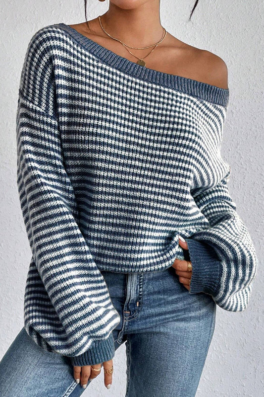 Sail Blue Striped Lantern Sleeve Drop Shoulder Cozy Sweater Sail Blue 65%Acrylic+35%Polyamide Sweaters JT's Designer Fashion