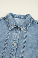 Myosotis Scallop Trim Collar Patched Pocket Button Up Denim Jacket Denim Jackets JT's Designer Fashion