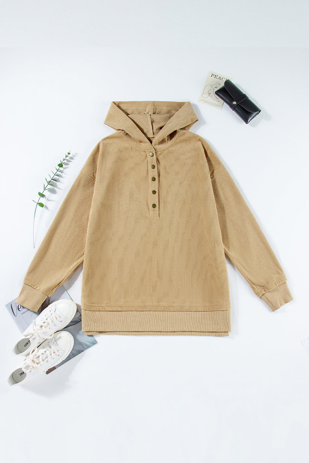 Simply Taupe Solid Ribbed Knit Buttoned Drop Shoulder Oversized Hoodie Sweatshirts & Hoodies JT's Designer Fashion