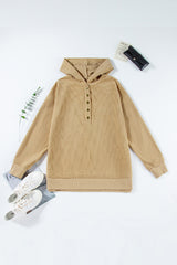Simply Taupe Solid Ribbed Knit Buttoned Drop Shoulder Oversized Hoodie Sweatshirts & Hoodies JT's Designer Fashion