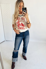 White JUST HERE For THE COWBOY Cuffed Sleeve Crew Neck T Shirt Graphic Tees JT's Designer Fashion