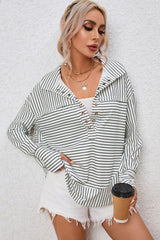 White Striped Thumbhole Drop Shoulder V Neck Top Long Sleeve Tops JT's Designer Fashion