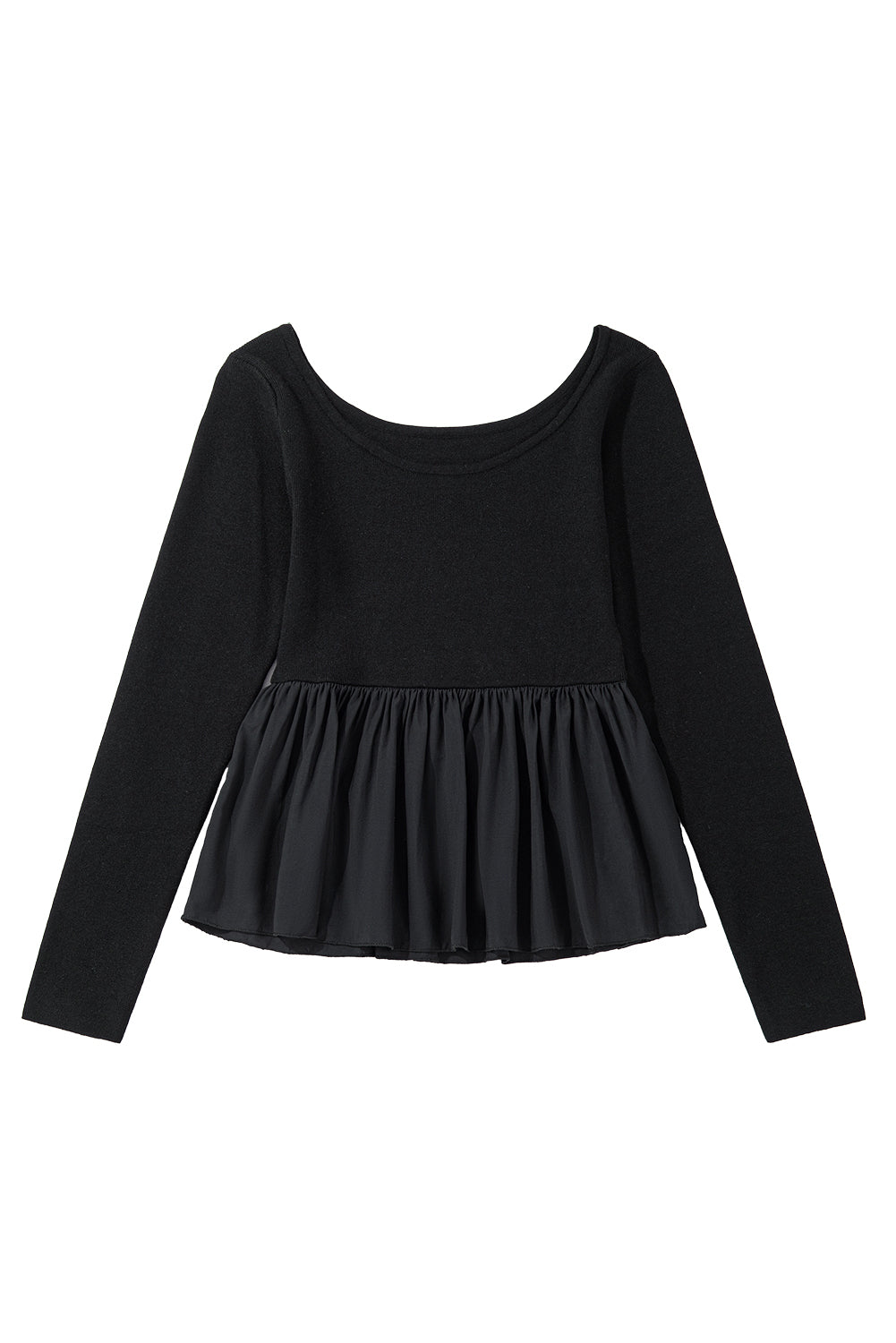 Black Ribbed Knit Long Sleeve Scoop Neck Peplum Patchwork Top Long Sleeve Tops JT's Designer Fashion
