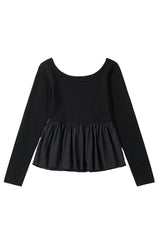 Black Ribbed Knit Long Sleeve Scoop Neck Peplum Patchwork Top Long Sleeve Tops JT's Designer Fashion
