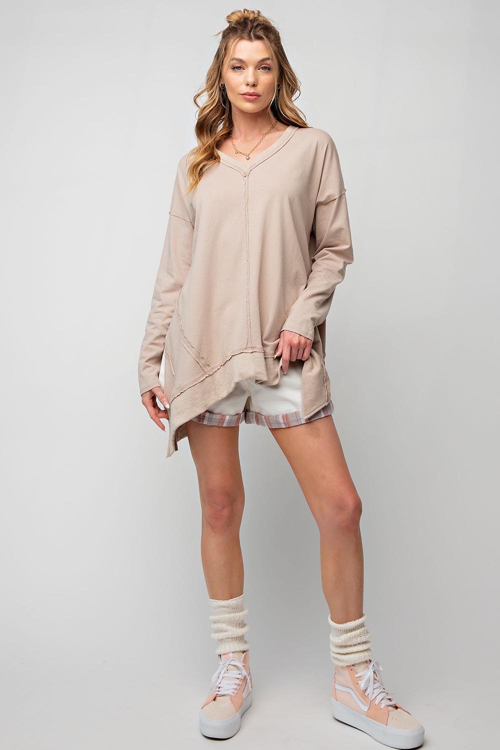 Apricot Exposed Seam V Neck Split Hem Tunic Top Long Sleeve Tops JT's Designer Fashion