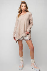 Apricot Exposed Seam V Neck Split Hem Tunic Top Long Sleeve Tops JT's Designer Fashion