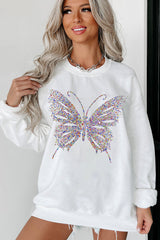 White Rhinestone Butterfly Graphic Crewneck Oversized Sweatshirt Graphic Sweatshirts JT's Designer Fashion