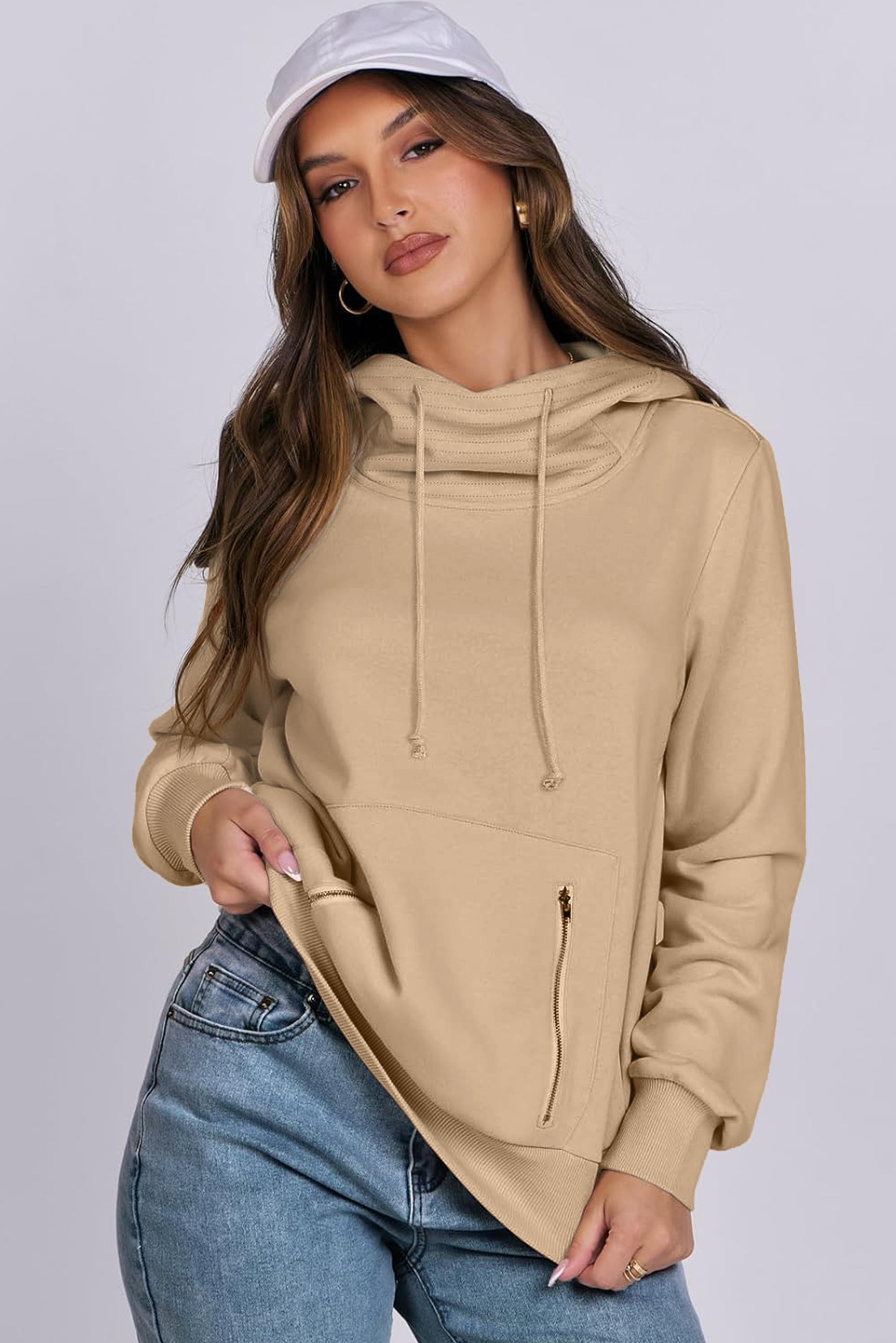 Parchment Zipped Pocket Cozy Drawstring Hoodie Sweatshirts & Hoodies JT's Designer Fashion