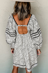 Gray Floral Print Open Back Balloon Sleeve Square Neck Mini Dress Floral Dresses JT's Designer Fashion