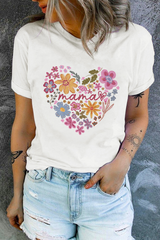 White MAMA Flower Heart Cotton Blend Graphic Tee Graphic Tees JT's Designer Fashion