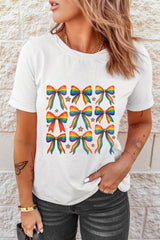 White Pride Bow Starry Print Cotton Blend T Shirt Graphic Tees JT's Designer Fashion