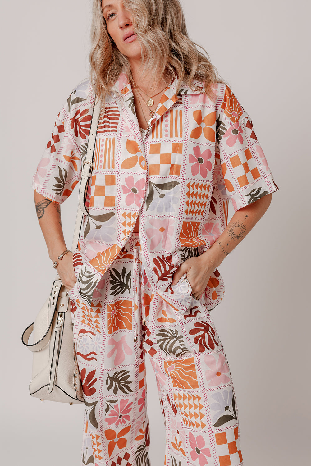 Orange Plant Checkered Print Collared Shirt and Wide Leg Pants Set Pant Sets JT's Designer Fashion