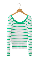 Bright Green Scalloped Trim U Neck Striped Ribbed Slim Sweater Sweaters JT's Designer Fashion