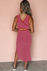 Red Stripe Criss Cross Side Slits Slim Fit Sleeveless Midi Dress Midi Dresses JT's Designer Fashion