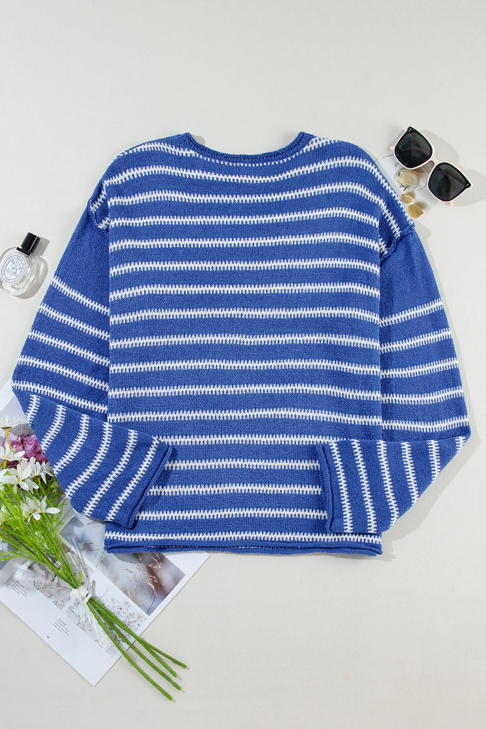 Sky Blue Stripe Drop Shoulder Casual Sweater Sweaters JT's Designer Fashion