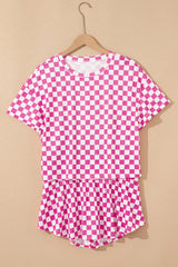 Pink Checkerboard T Shirt and High Waist Skorts 2 Piece Outfit Short Sets JT's Designer Fashion