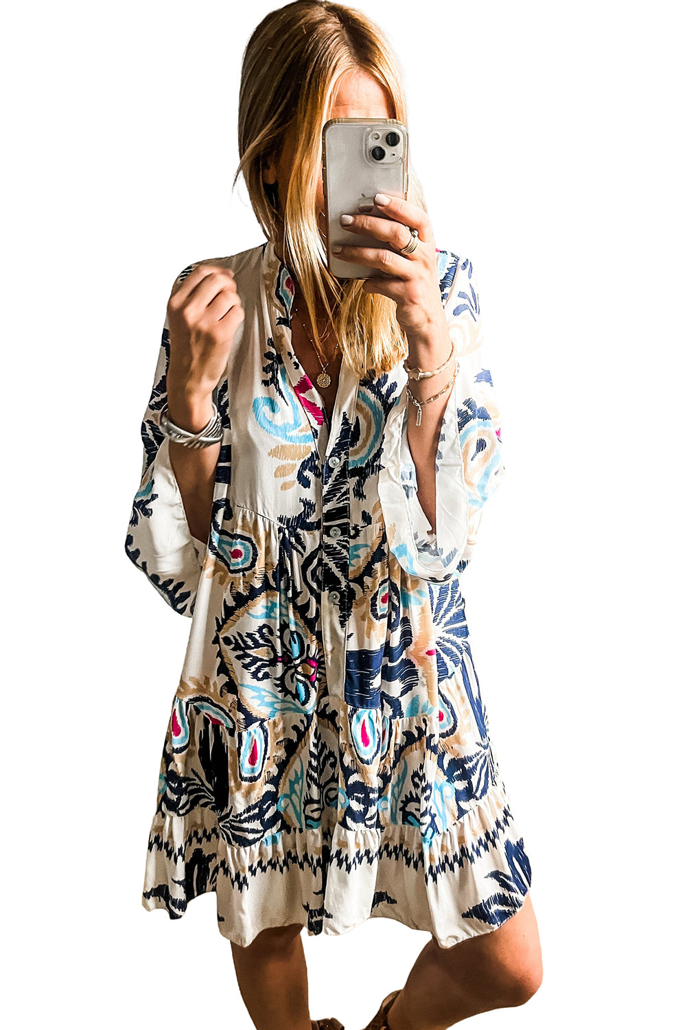 White Printed Tribal Bracelet Sleeve Buttoned Mini Dress Mini Dresses JT's Designer Fashion