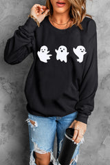 Black Halloween Ghosts Print Round Neck Sweatshirt Graphic Sweatshirts JT's Designer Fashion
