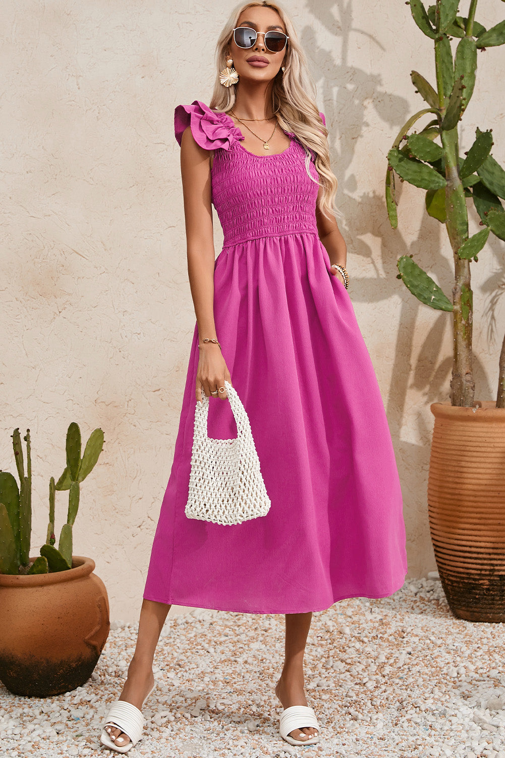 Rose Red Solid Color Ruffled Straps Smocked Ruched Long Dress Maxi Dresses JT's Designer Fashion