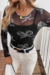 Black Round Neck Bow Print Long Sleeve Mesh Top Long Sleeve Tops JT's Designer Fashion