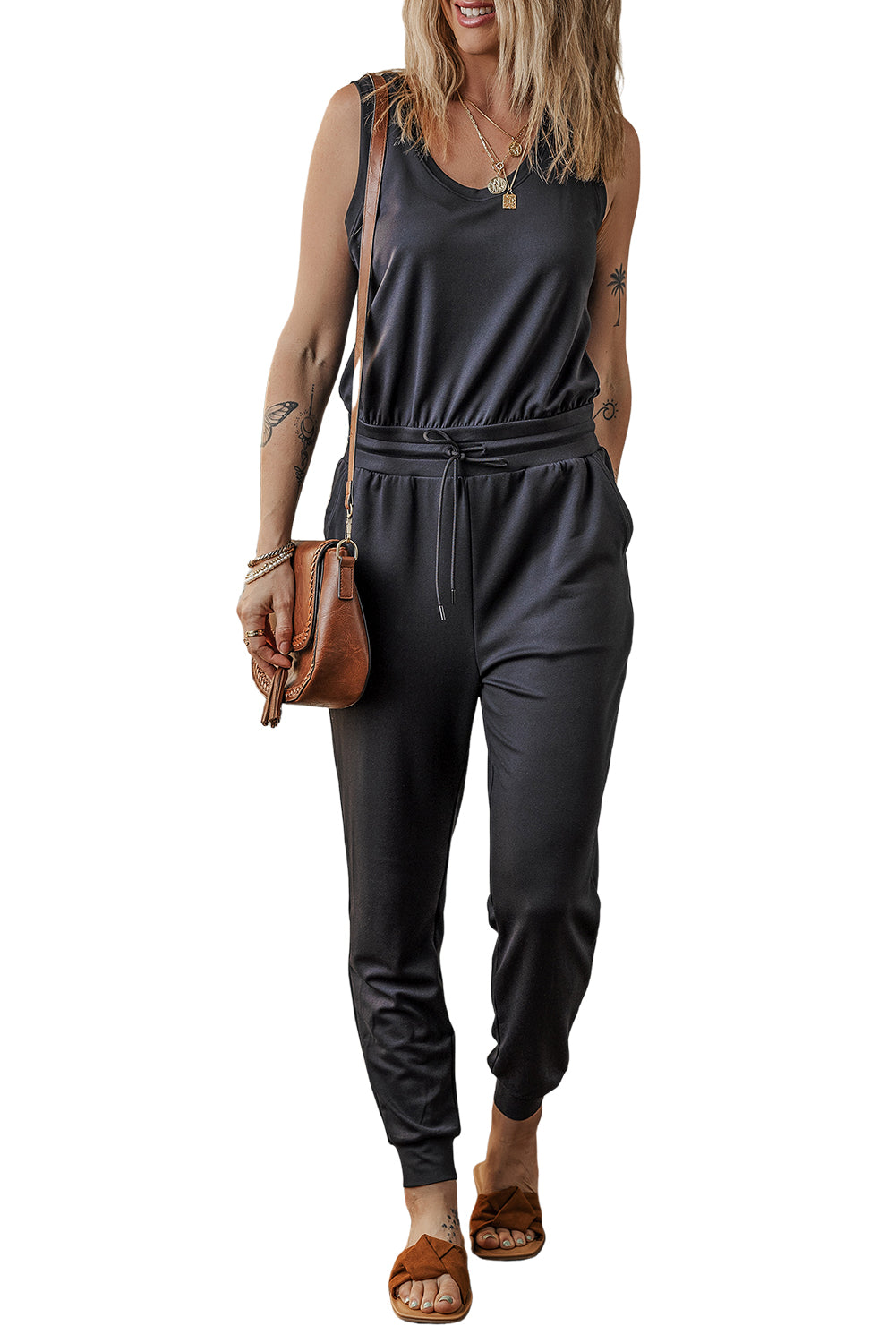 Black Casual Tank Style Tie Waist Pocketed Jogger Jumpsuit Jumpsuits & Rompers JT's Designer Fashion