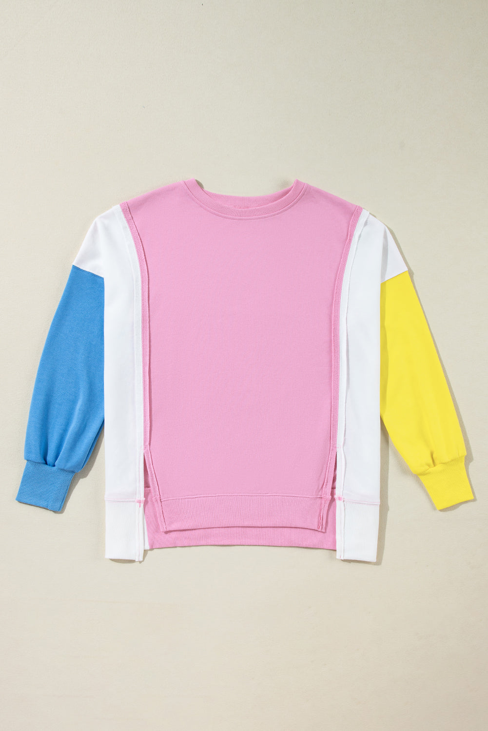 Bonbon Color Block Exposed Seam Side Slits Crewneck Sweatshirt Sweatshirts & Hoodies JT's Designer Fashion