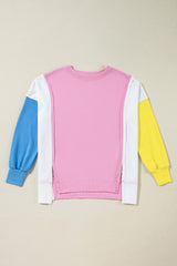 Bonbon Color Block Exposed Seam Side Slits Crewneck Sweatshirt Sweatshirts & Hoodies JT's Designer Fashion