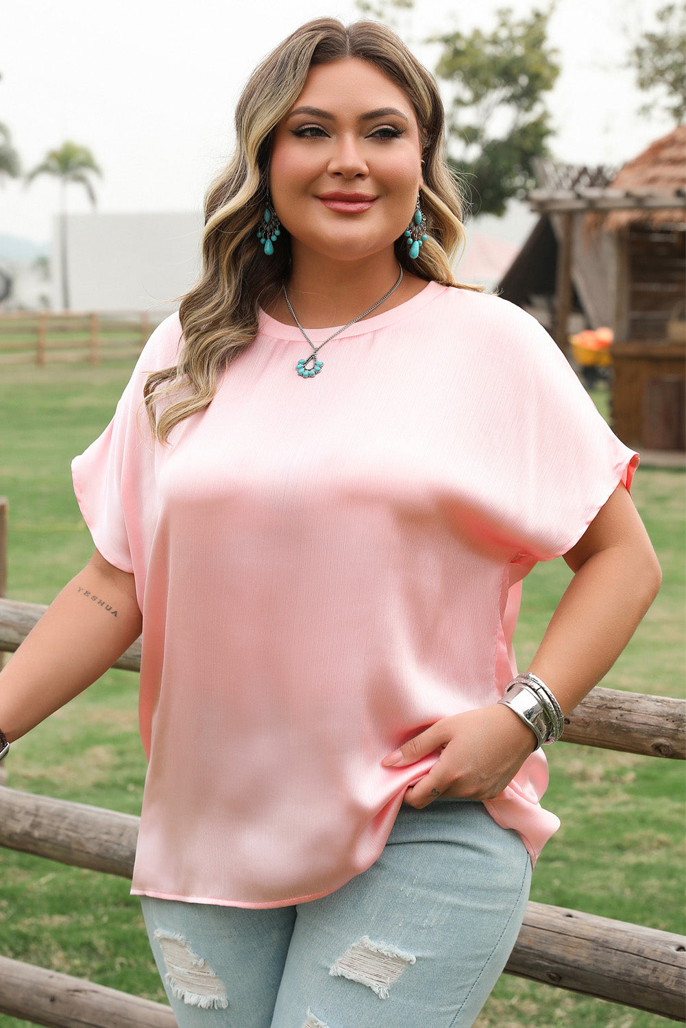 Pink Metallic Gloss Short Batwing Sleeve Plus Size Top Plus Size Tops & Tees JT's Designer Fashion