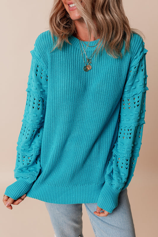 Turquoise Ruffled Eyelet Bubble Sleeve Sweater Turquoise 55%Acrylic+45%Cotton Sweaters JT's Designer Fashion
