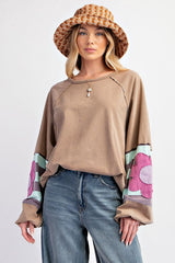 Dune Flower Patchwork Raglan Sleeve Exposed Seam Oversized Top Long Sleeve Tops JT's Designer Fashion