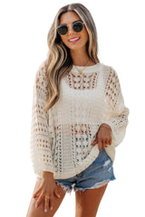White Hollow Out Knit Bracelet Sleeve Drop Shoulder Sweater Sweaters JT's Designer Fashion
