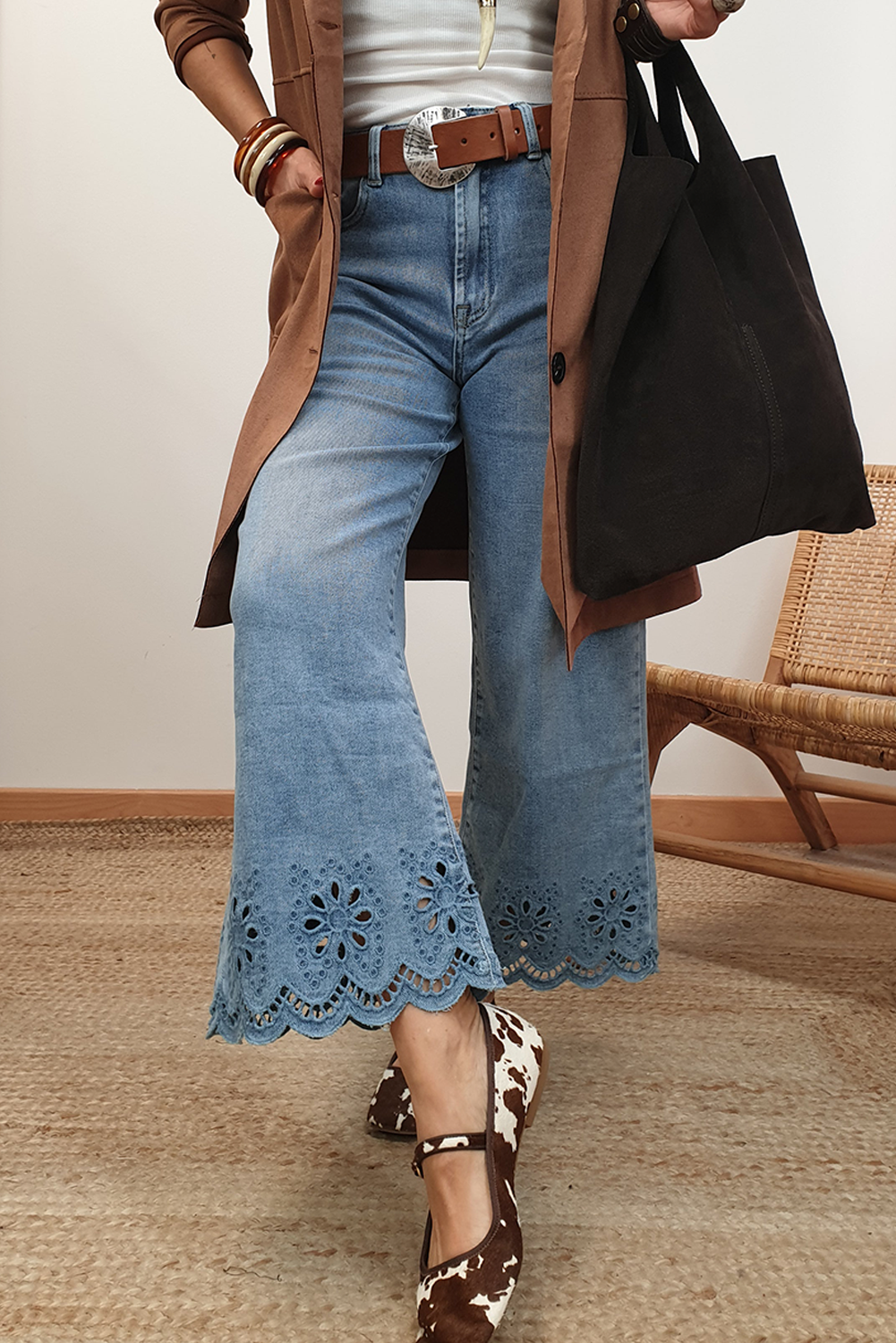 Dusk Blue Embroidered Cropped Wide Leg High Waist Jeans Jeans JT's Designer Fashion