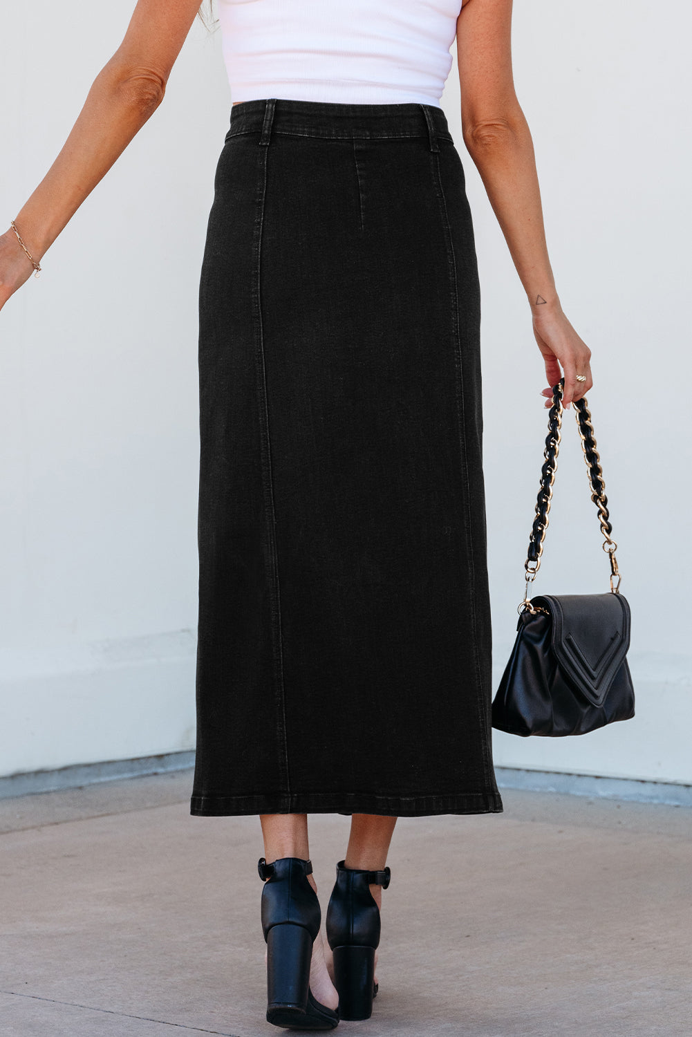 Black Button Fly Side Split High Waist Denim Midi Skirt Skirts & Petticoat JT's Designer Fashion
