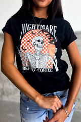 Black Nightmare Before Coffee Skull Checkerboard Graphic Halloween Tee Graphic Tees JT's Designer Fashion