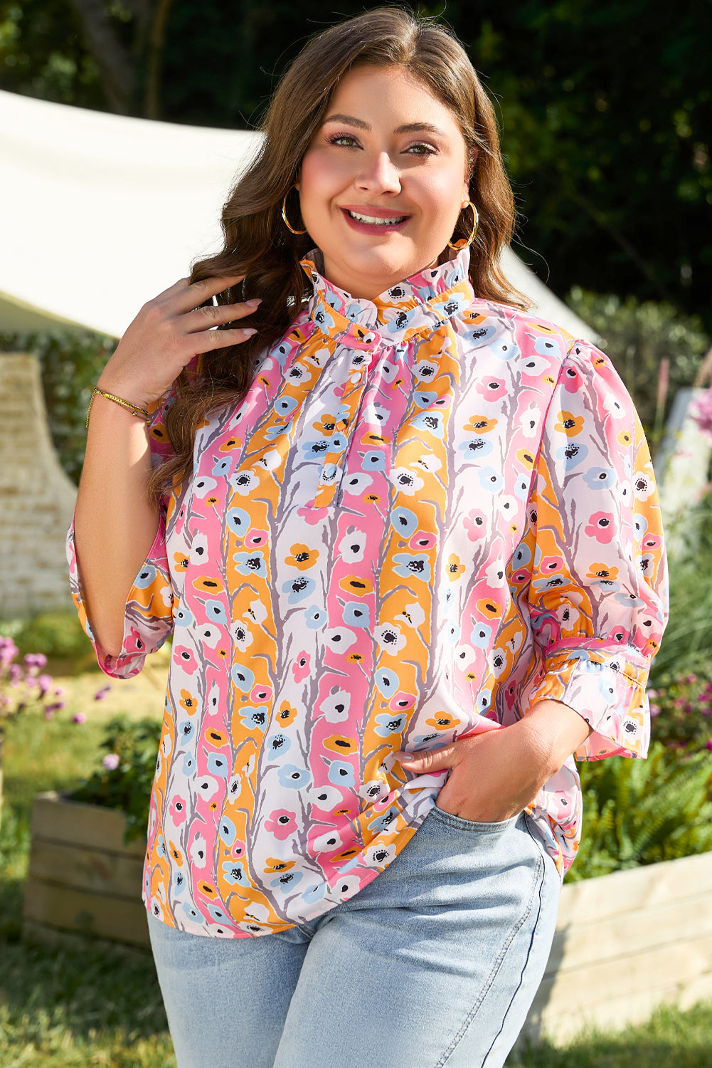 Pink Floral Ruffled Collar Bracelet Sleeve Plus Size Blouse Top Plus Size Blouses & Shirts JT's Designer Fashion