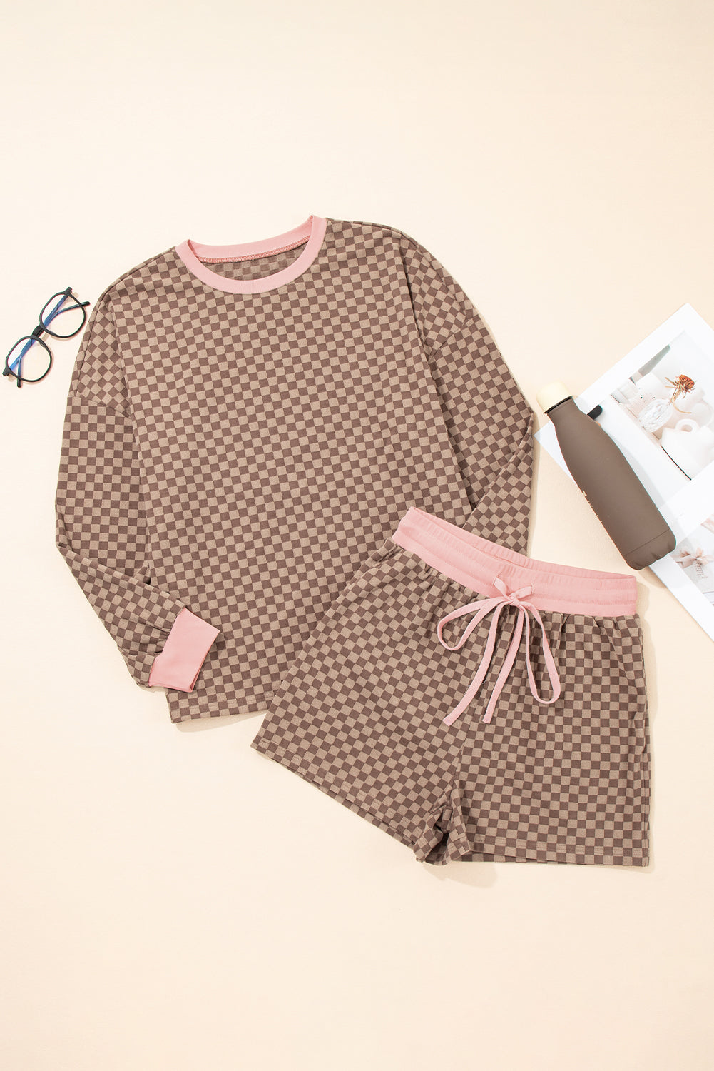 Brown Checkerboard Long Sleeve Pullover and Shorts Set Short Sets JT's Designer Fashion