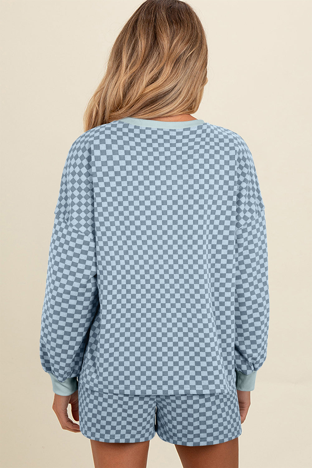 Sky Blue Checkerboard Long Sleeve Pullover and Shorts Set Short Sets JT's Designer Fashion