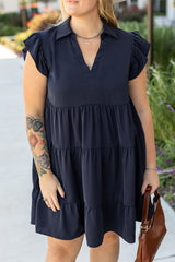 Navy Blue Collared V Neck Flutter Sleeve Tiered Plus Size Dress Plus Size Mini Dresses JT's Designer Fashion