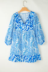 Sky Blue Bohemian Print Puff Sleeve Tied V Neck Flared Mini Dress Mini Dresses JT's Designer Fashion