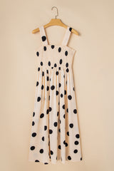 Oatmeal Polka Dot Smocked Fit Flared Sleeveless Long Dress Maxi Dresses JT's Designer Fashion