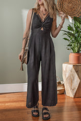 Black Front Cut Out Smocked Back Sleeveless Wide Leg Jumpsuit Bottoms JT's Designer Fashion