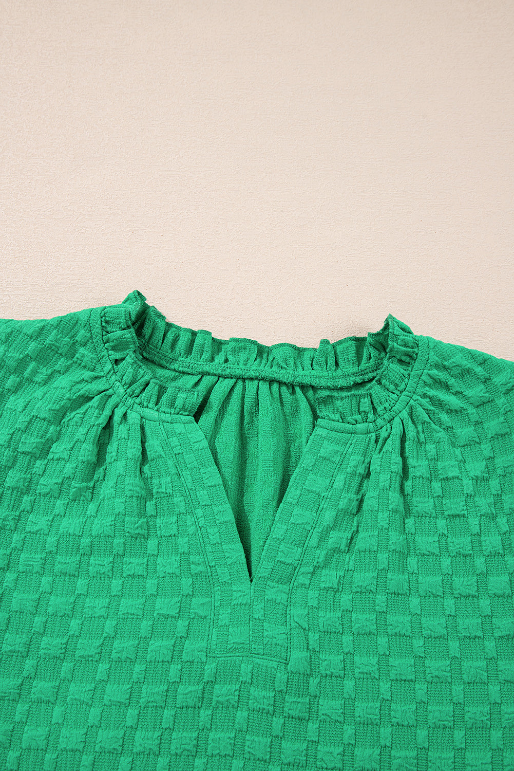 Bright Green Textured Puff Short Sleeve Notched V Neck Top Blouses & Shirts JT's Designer Fashion