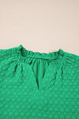 Bright Green Textured Puff Short Sleeve Notched V Neck Top Blouses & Shirts JT's Designer Fashion