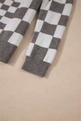 Gray Checkered Print Drop Shoulder Round Neck Sweater Sweaters JT's Designer Fashion