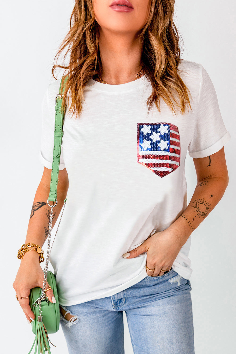 White American Flag Sequin Pocket Patched T Shirt Graphic Tees JT's Designer Fashion