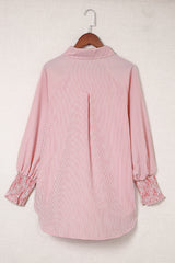 Red Stripe Smocked Cuffed Striped Boyfriend Shirt with Pocket Blouses & Shirts JT's Designer Fashion