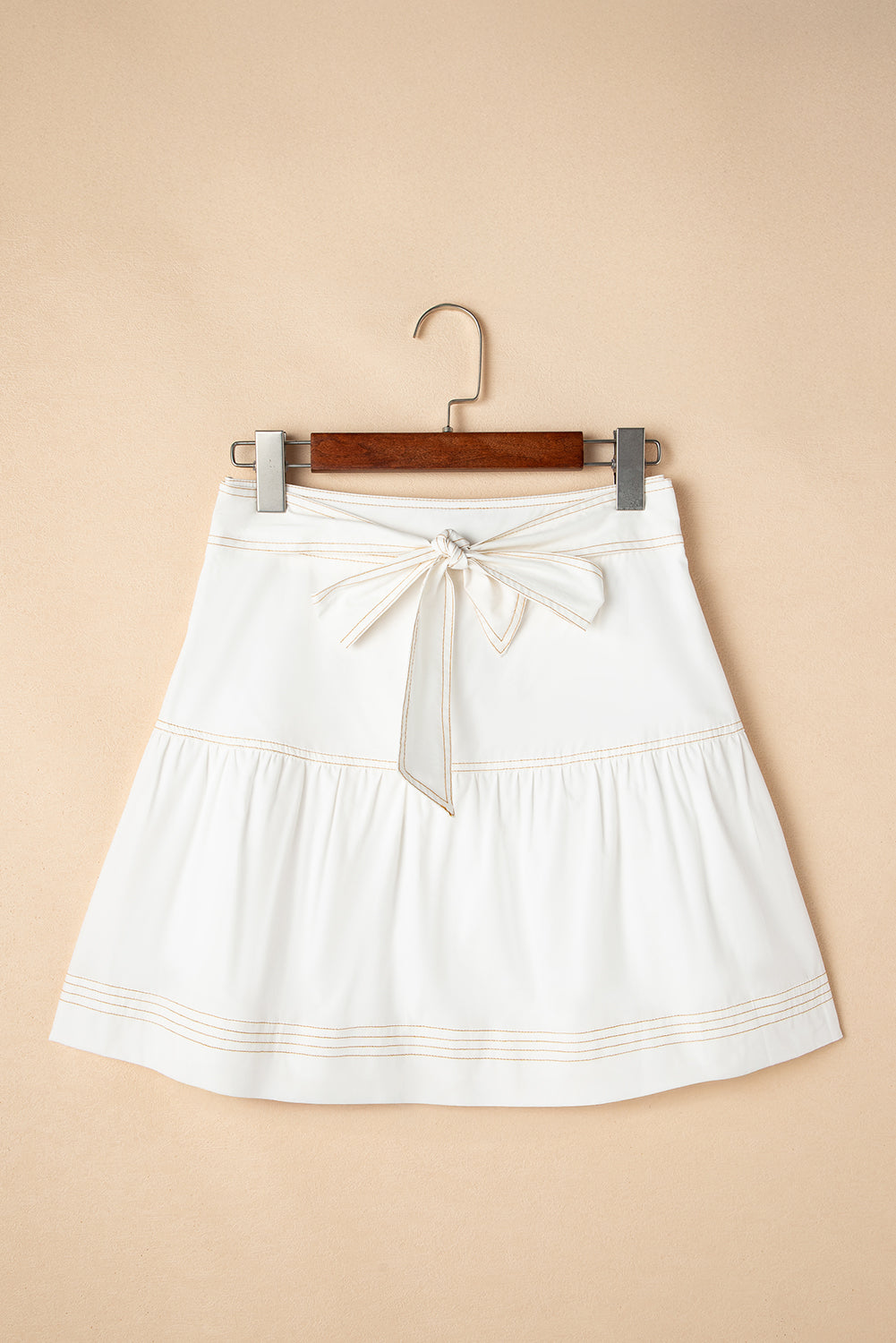 White Contrast Stitching Trim Knotted High Waist A-Line Mini Skirt Skirts & Petticoat JT's Designer Fashion